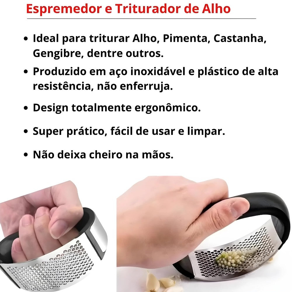 Kit 3 Espremedores de Alho, Cebola e Batata, Amassador em Aço Inox