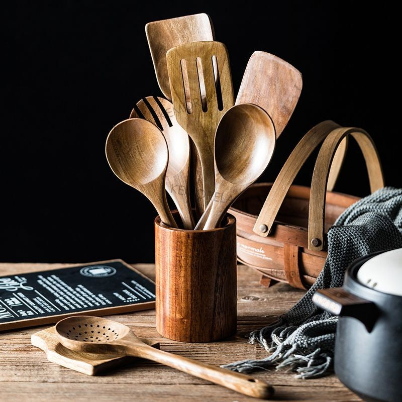 9 colheres de madeira dos pedaços para cozinhar, boneca de madeira para cozinhar