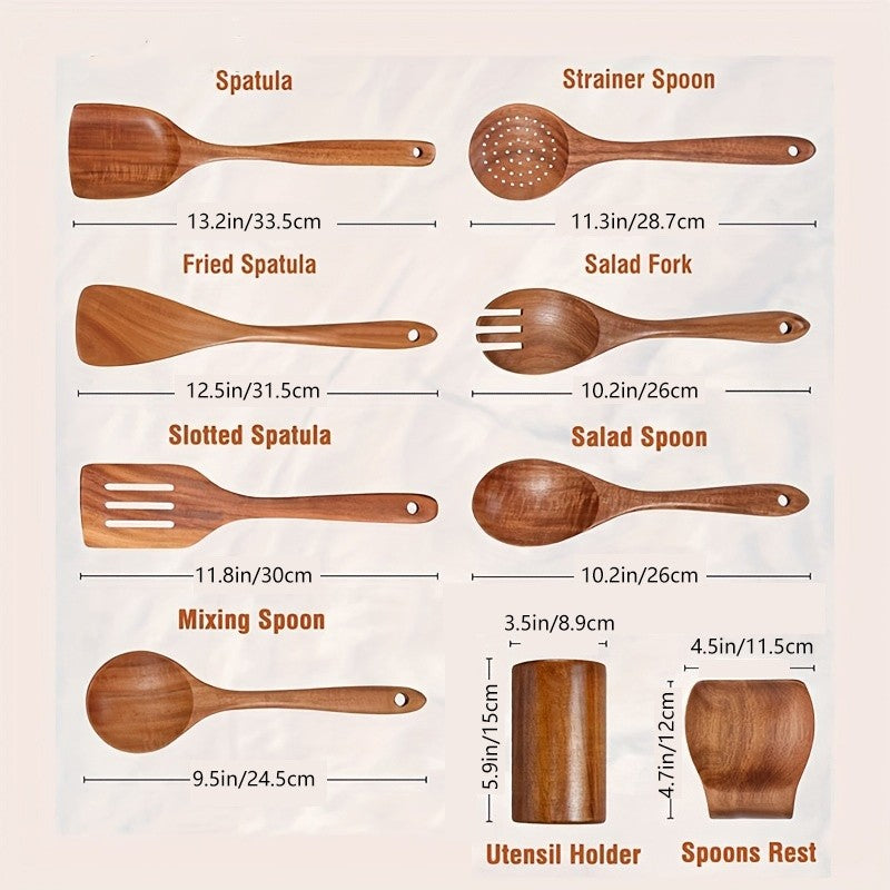 9 colheres de madeira dos pedaços para cozinhar, boneca de madeira para cozinhar
