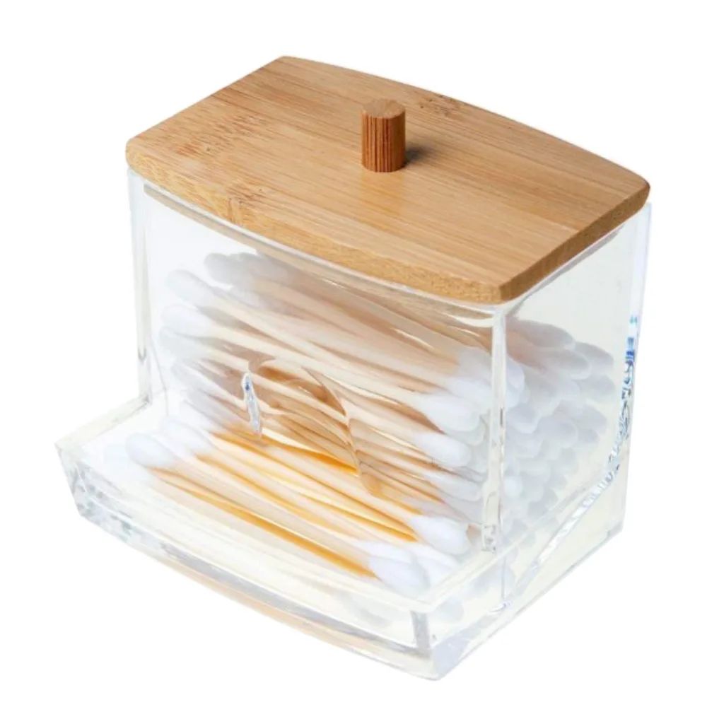 Organizador de cotonete de algodão, capa de bambu, acrílico, redondo, organizado