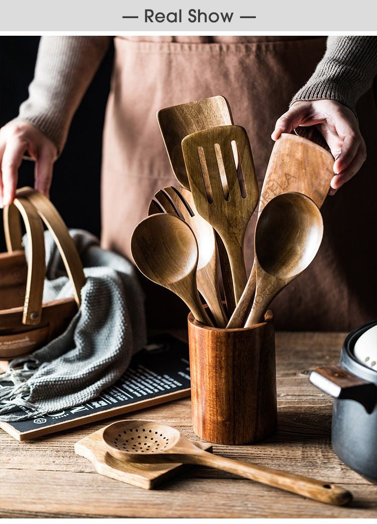 9 colheres de madeira dos pedaços para cozinhar, boneca de madeira para cozinhar