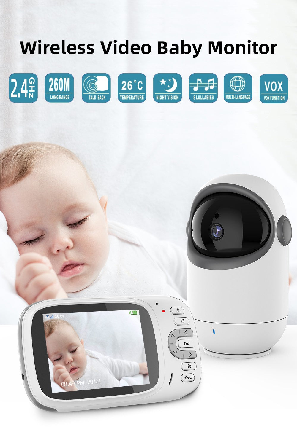 Vídeo Baby Monitor com Zoom Digital, Câmera de Vigilância, Auto Night Vision, Tw